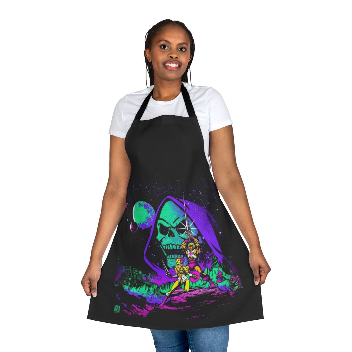 A colorful and eye-catching apron featuring a retro space-themed design inspired by the classic "He-Man and the Masters of the Universe" universe.