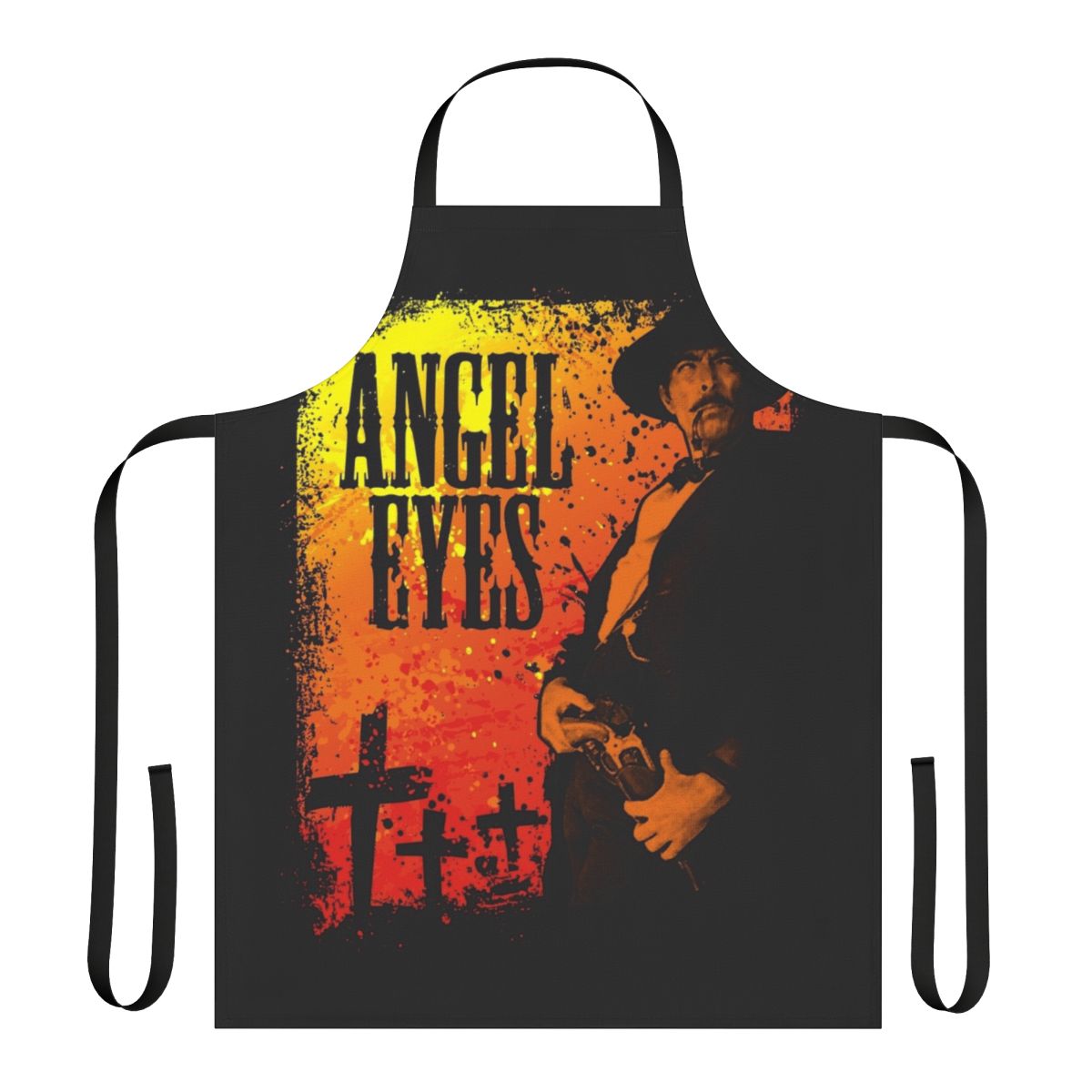 Vintage-style apron featuring characters and imagery from the classic Sergio Leone film "The Good, The Bad and The Ugly"