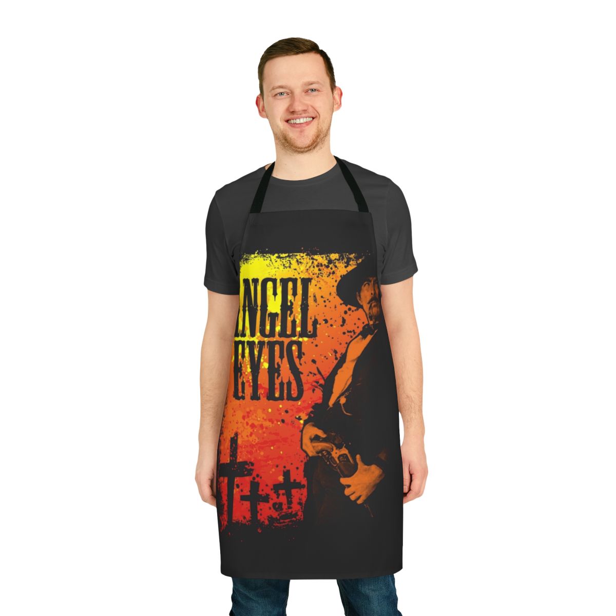 Vintage-style apron featuring characters and imagery from the classic Sergio Leone film "The Good, The Bad and The Ugly"