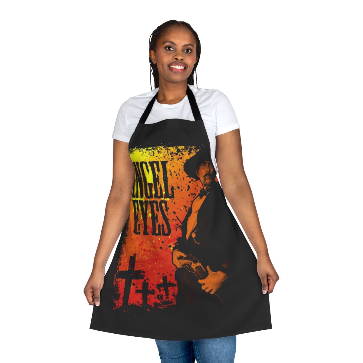Vintage-style apron featuring characters and imagery from the classic Sergio Leone film "The Good, The Bad and The Ugly"