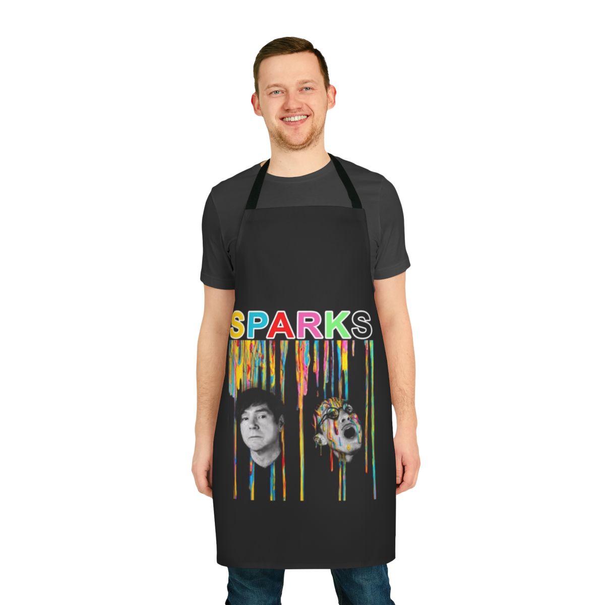 Retro-styled apron featuring the Sparks band logo and a humorous design