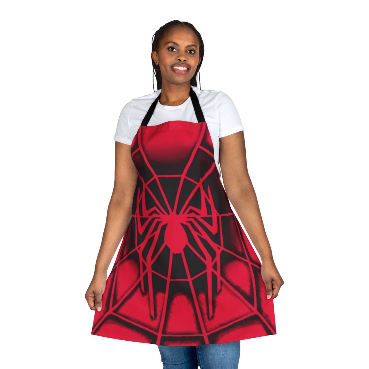 Retro spider costume inspired apron in the style of the 2002 Spider-Man movie