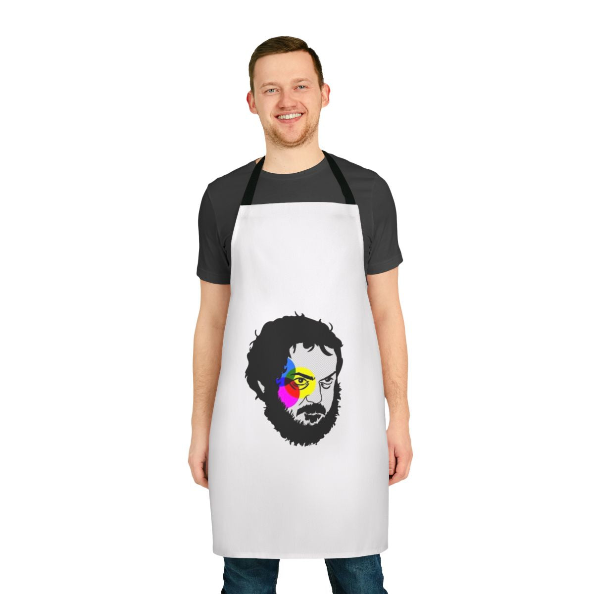 Stanley Kubrick inspired movie director apron with CMYK color scheme