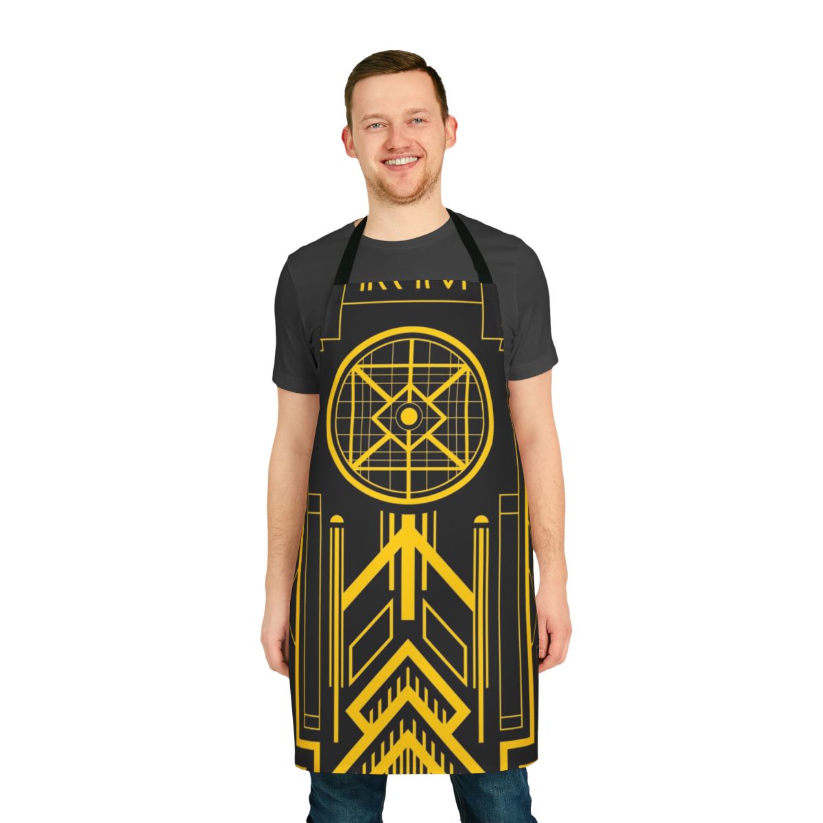 Retro-style apron featuring a stylized depiction of the USS Enterprise from the Star Trek franchise in an Art Deco design.