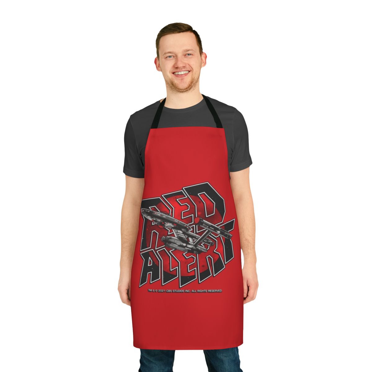 Retro Star Trek Red Alert Inspired Apron with USS Enterprise, Kirk, and Spock