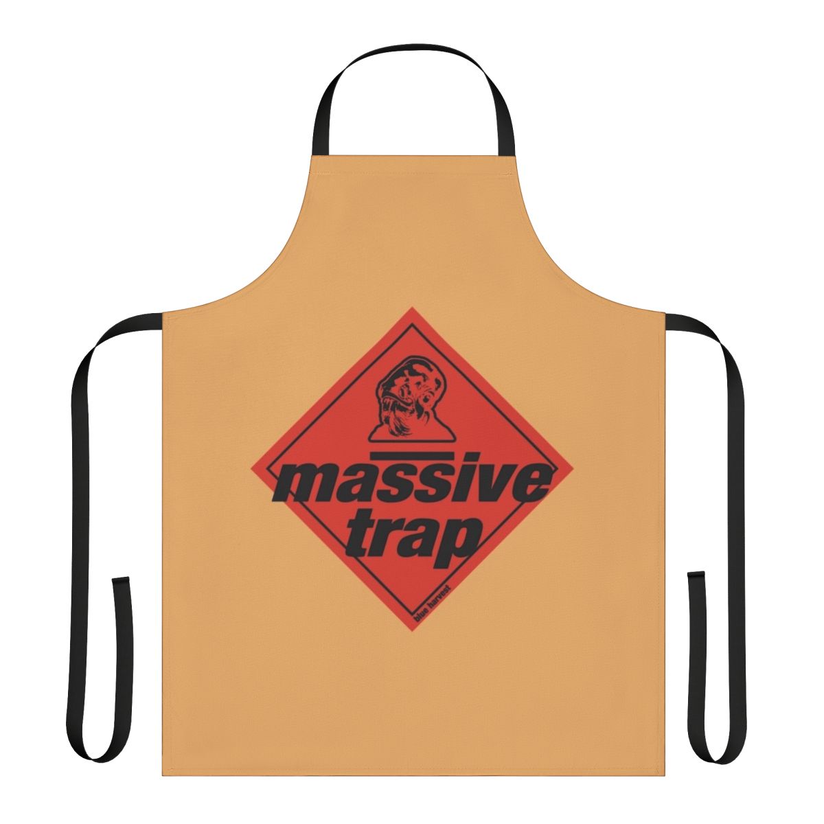 A retro-style apron featuring a blue trap graphic, inspired by Star Wars and 90s music