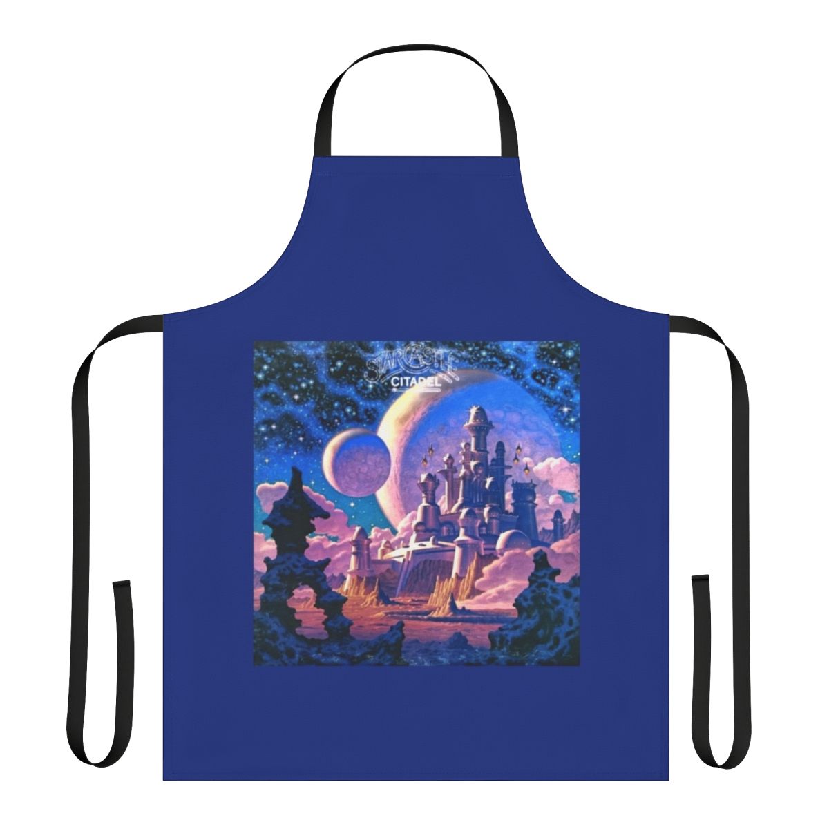 Retro Starcastle-inspired citadel apron with psychedelic 1960s 1970s music design