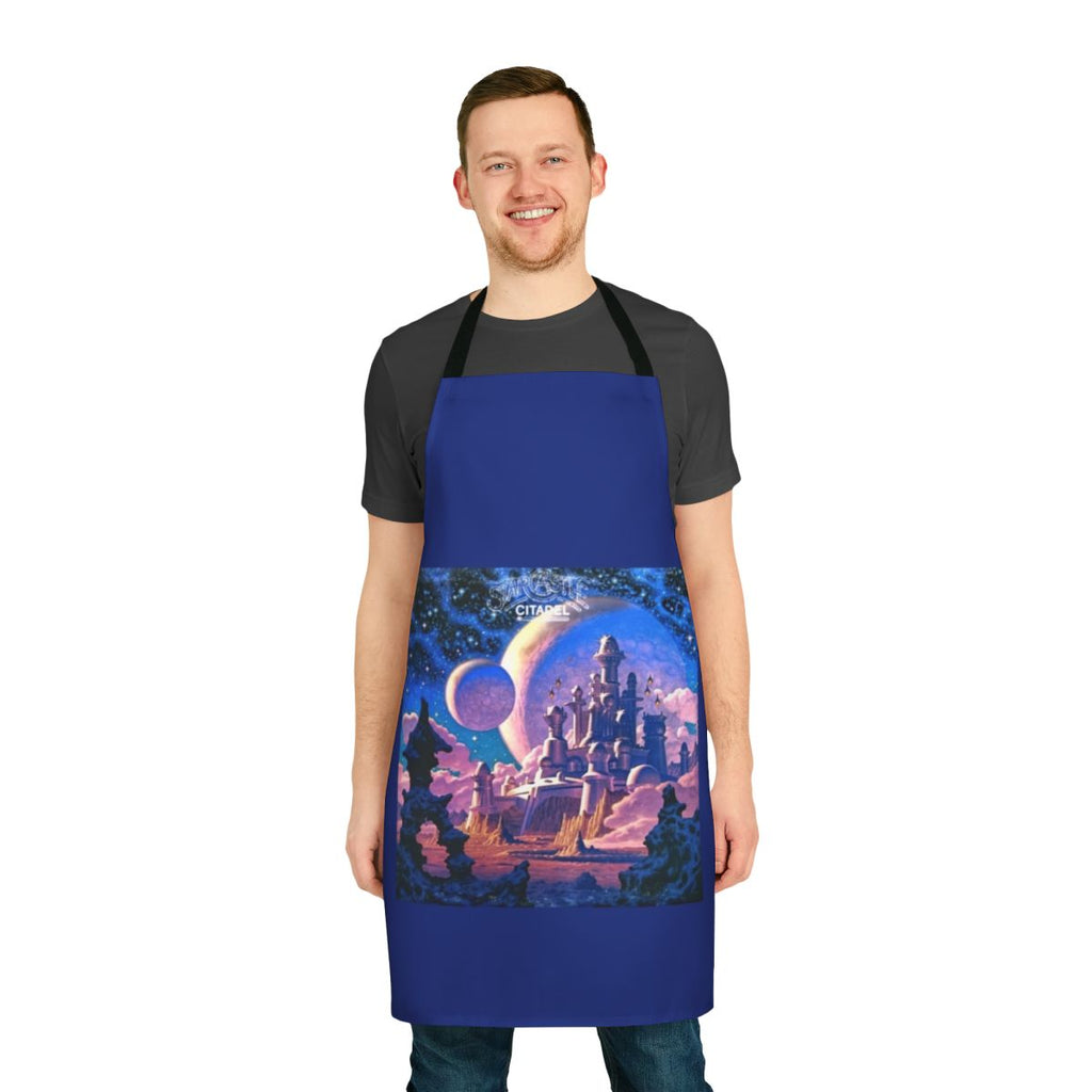 Retro Starcastle-inspired citadel apron with psychedelic 1960s 1970s music design