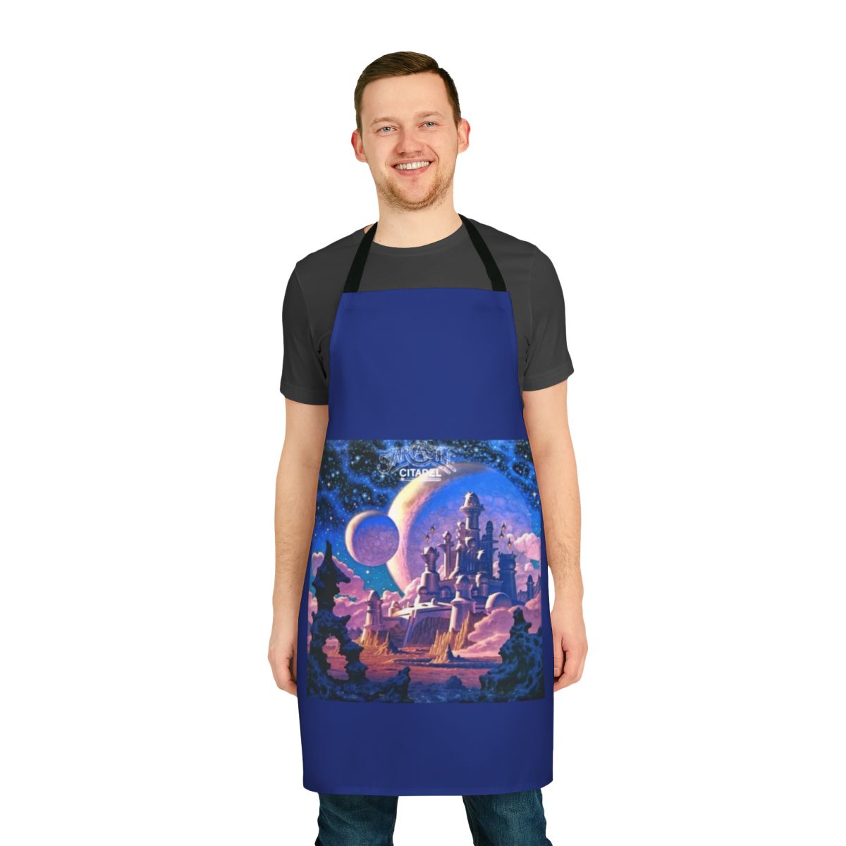 Retro Starcastle-inspired citadel apron with psychedelic 1960s 1970s music design