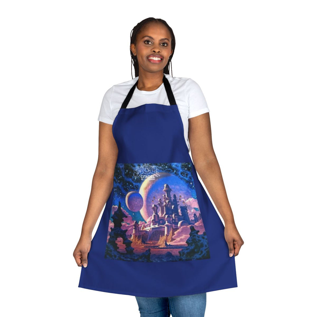 Retro Starcastle-inspired citadel apron with psychedelic 1960s 1970s music design