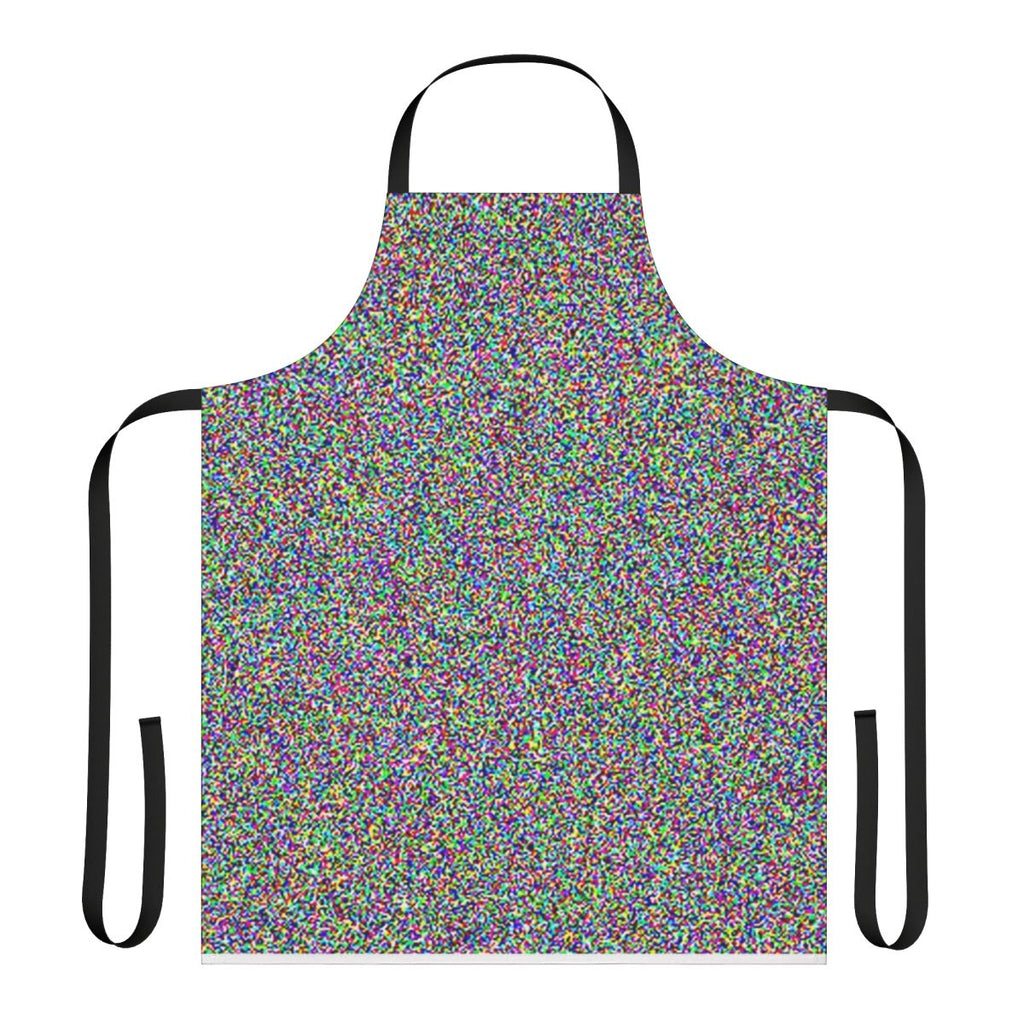 Retro static noise apron with a glitchy, vintage technology inspired design featuring primary colors and white noise effects.