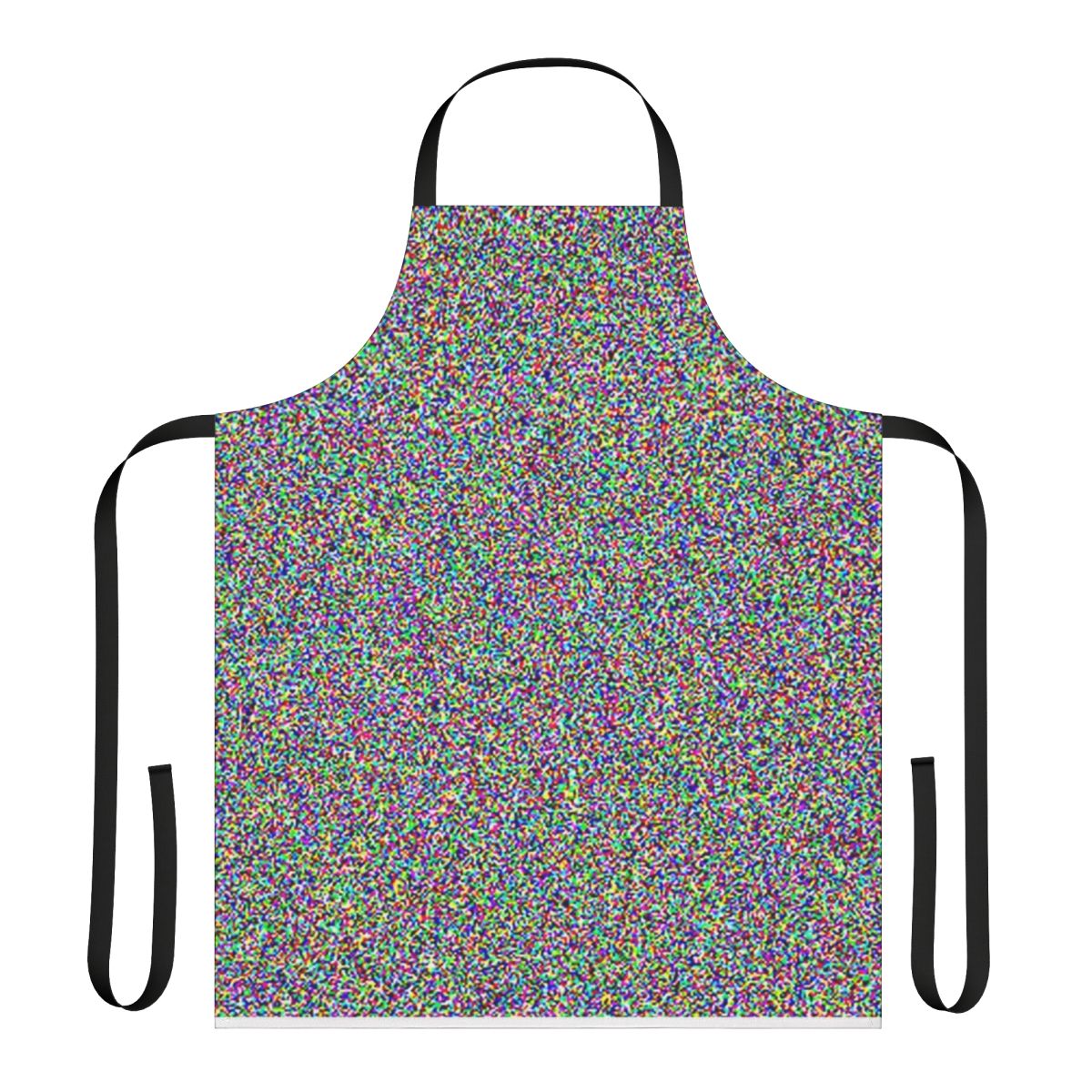 Retro static noise apron with a glitchy, vintage technology inspired design featuring primary colors and white noise effects.