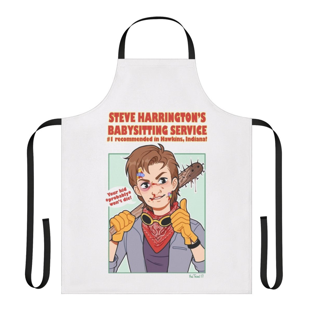 Stranger Things inspired apron featuring Steve Harrington's babysitting service logo