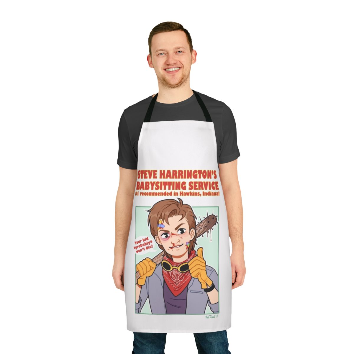 Stranger Things inspired apron featuring Steve Harrington's babysitting service logo