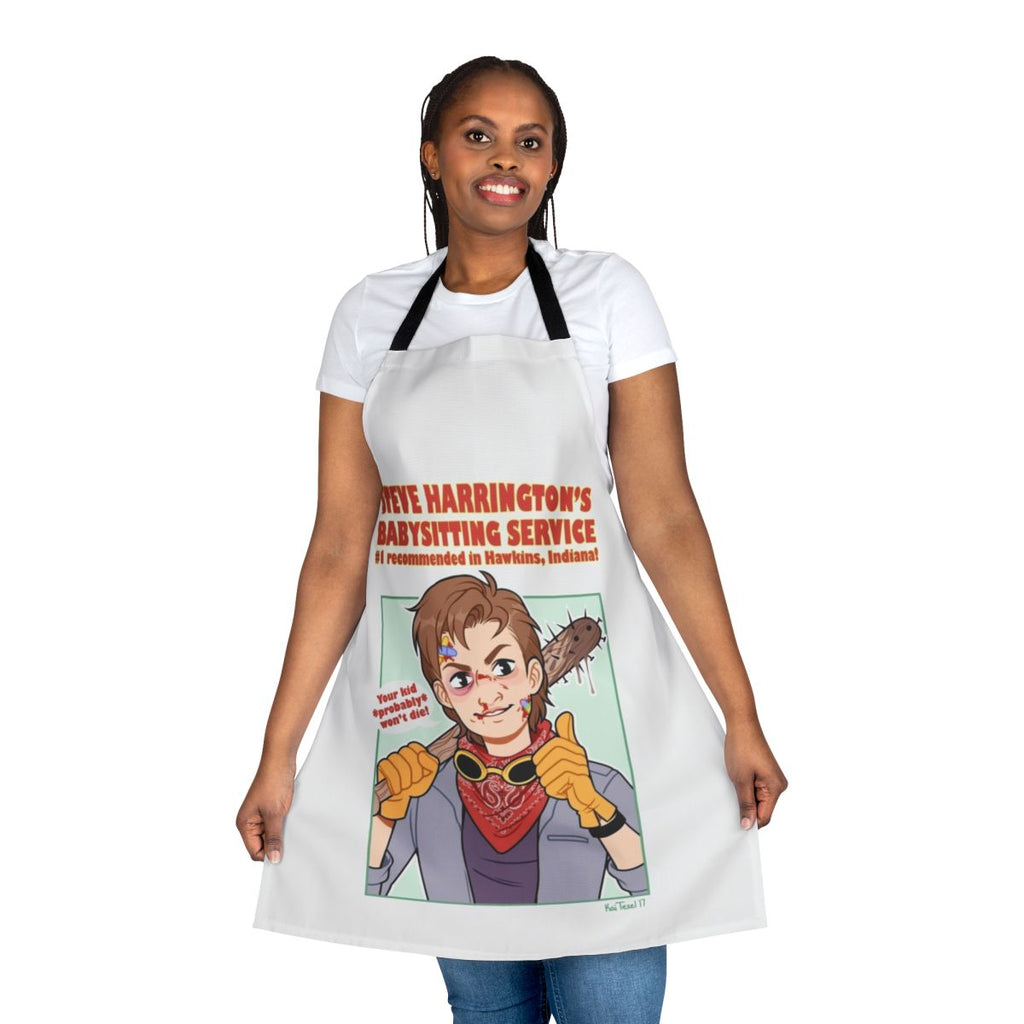 Stranger Things inspired apron featuring Steve Harrington's babysitting service logo