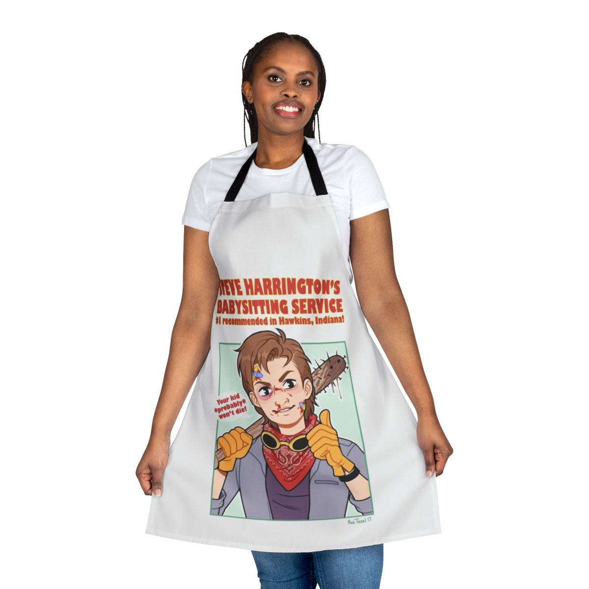 Stranger Things inspired apron featuring Steve Harrington's babysitting service logo
