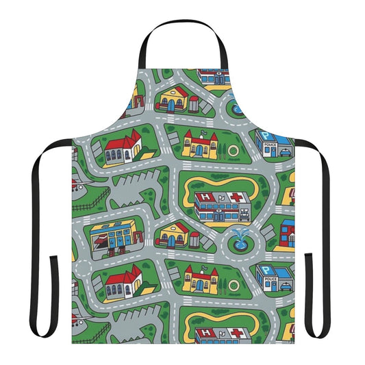 Retro street carpet design printed on a durable kitchen apron