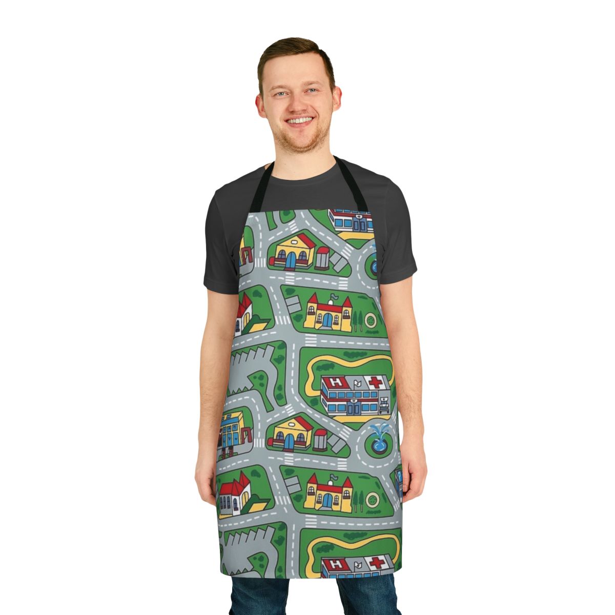 Retro street carpet design printed on a durable kitchen apron