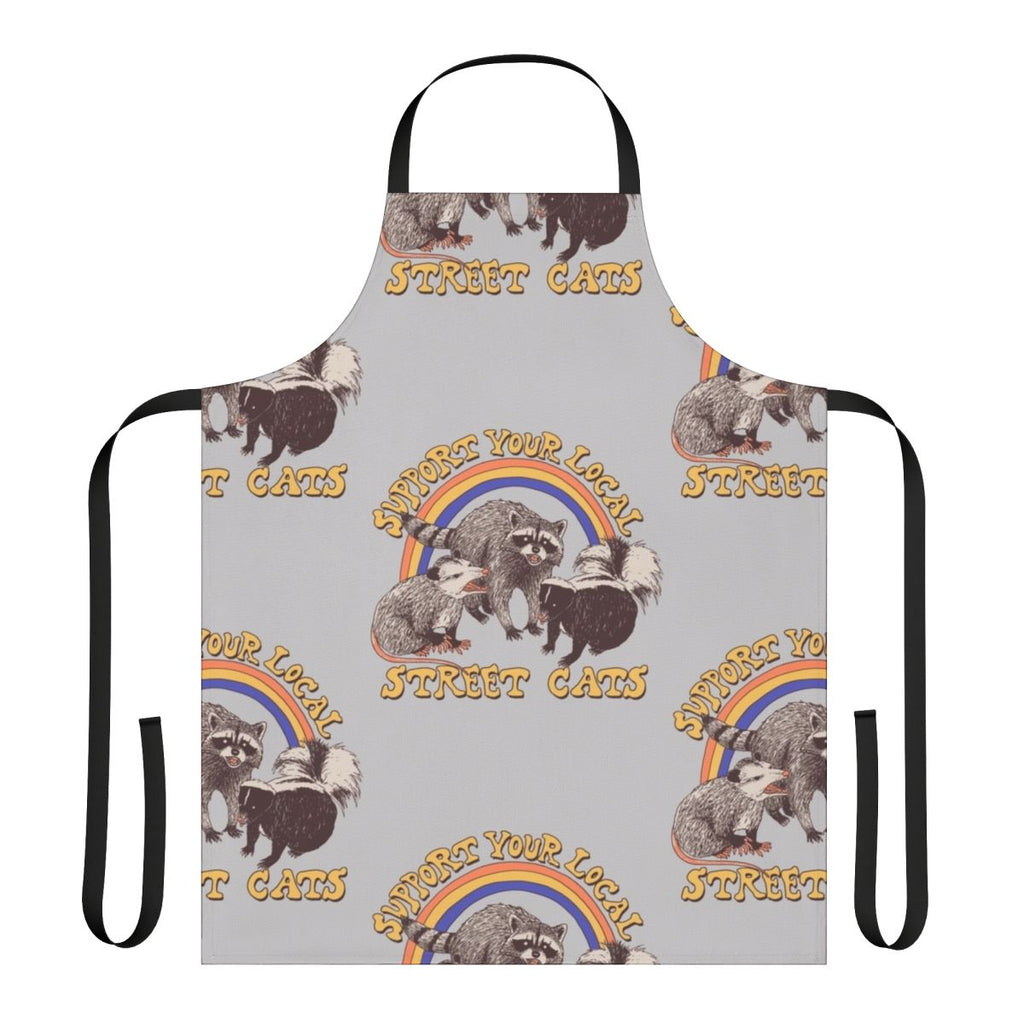 Retro-style street cat apron with a cute kitten, possum, raccoon, and skunk design
