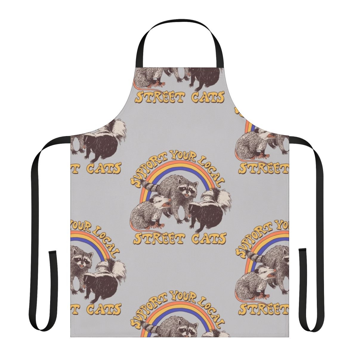 Retro-style street cat apron with a cute kitten, possum, raccoon, and skunk design