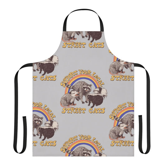 Retro-style street cat apron with a cute kitten, possum, raccoon, and skunk design