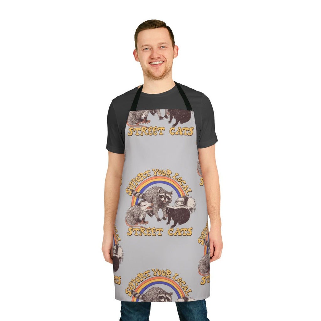 Retro-style street cat apron with a cute kitten, possum, raccoon, and skunk design