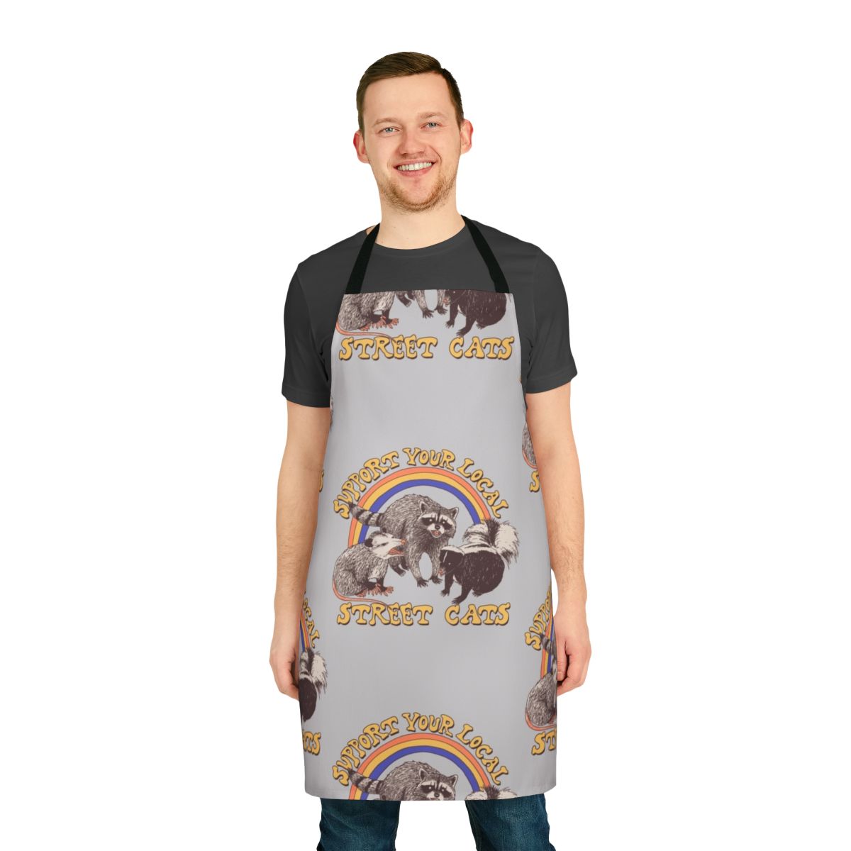 Retro-style street cat apron with a cute kitten, possum, raccoon, and skunk design