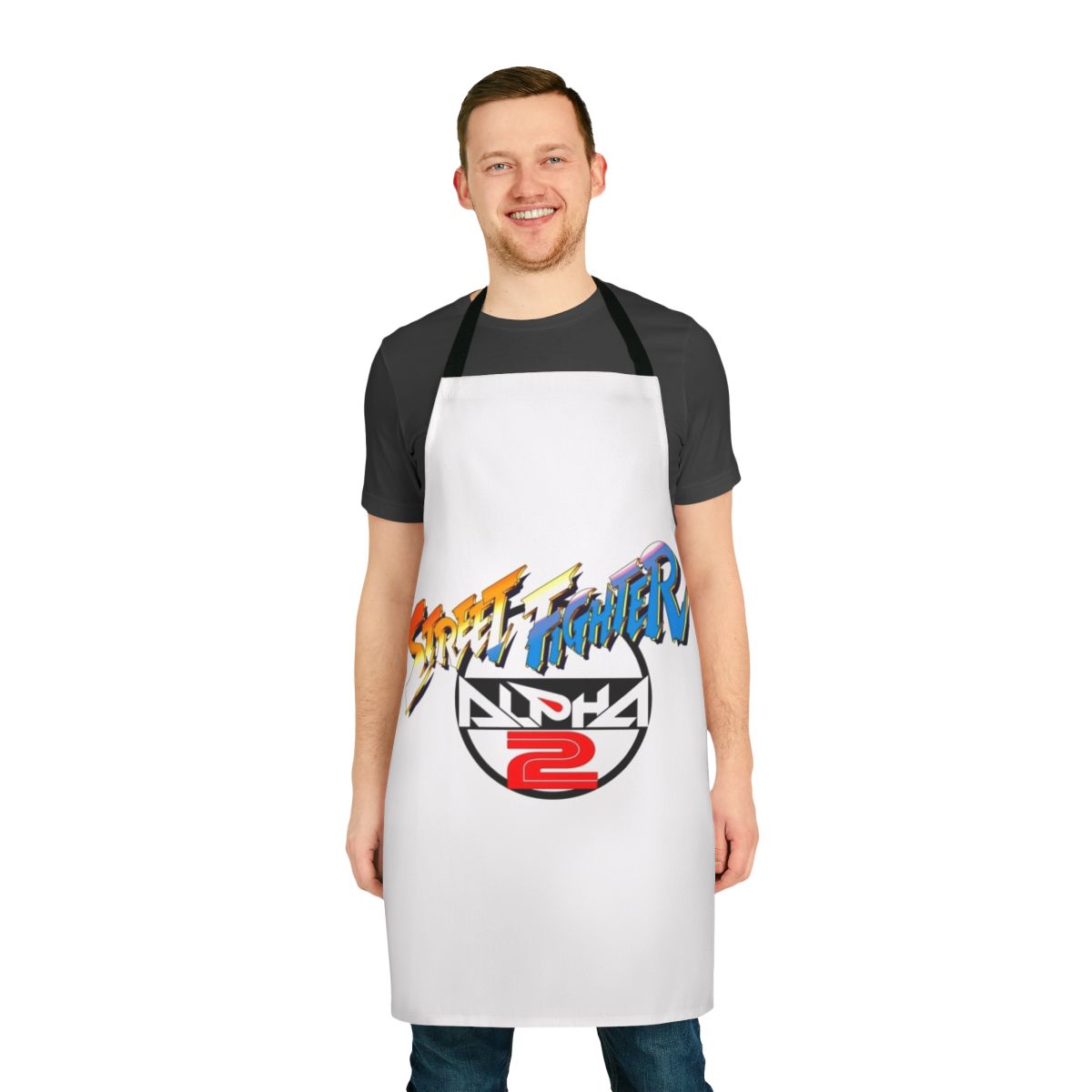 Retro-style apron featuring the iconic Street Fighter logo and characters