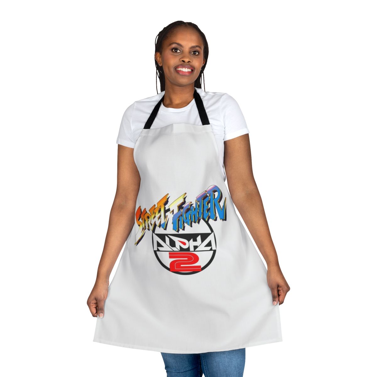 Retro-style apron featuring the iconic Street Fighter logo and characters