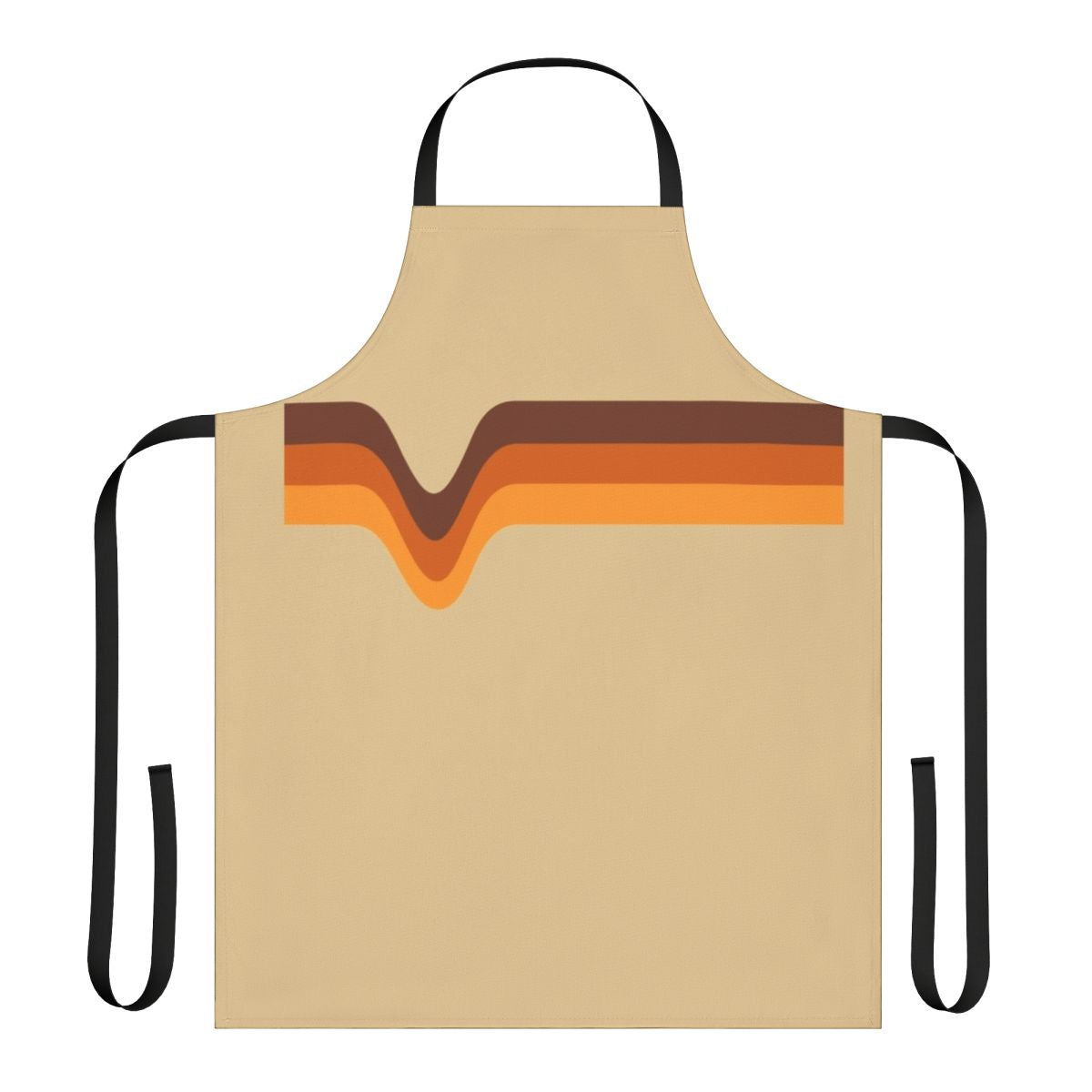 Vintage-inspired 1970s-style apron with chevron striped pattern in brown, orange, and yellow