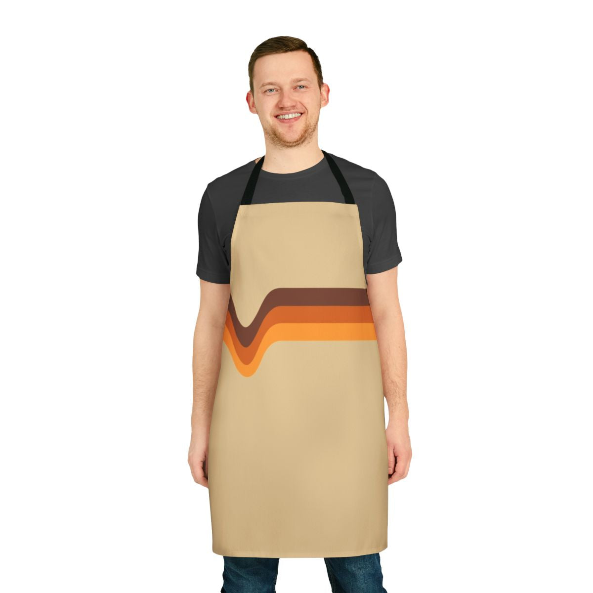 Vintage-inspired 1970s-style apron with chevron striped pattern in brown, orange, and yellow