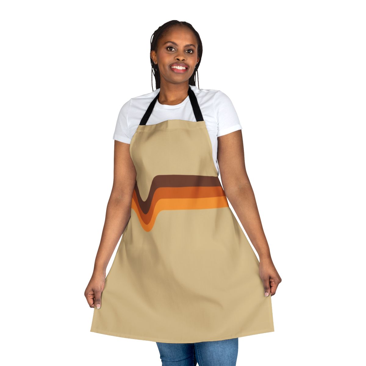 Vintage-inspired 1970s-style apron with chevron striped pattern in brown, orange, and yellow