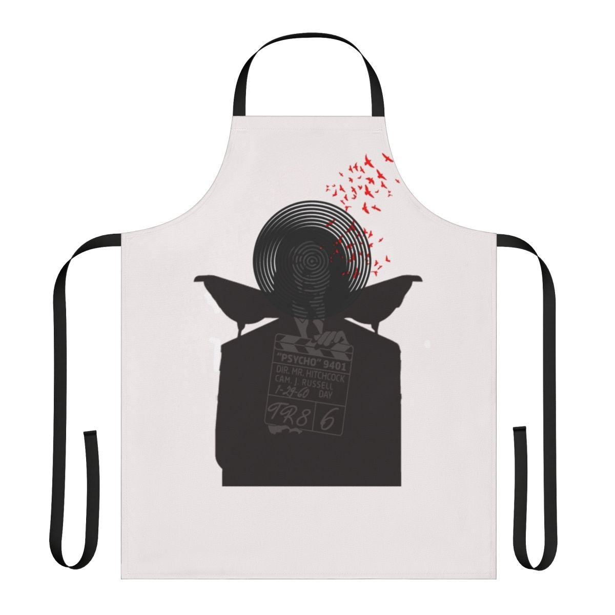 Retro-style apron featuring quotes and imagery inspired by classic Alfred Hitchcock films