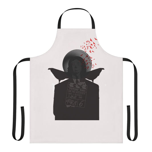 Retro-style apron featuring quotes and imagery inspired by classic Alfred Hitchcock films