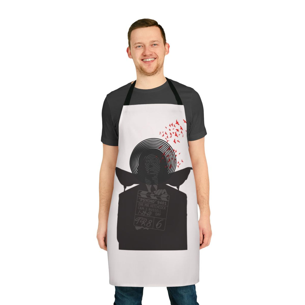 Retro-style apron featuring quotes and imagery inspired by classic Alfred Hitchcock films