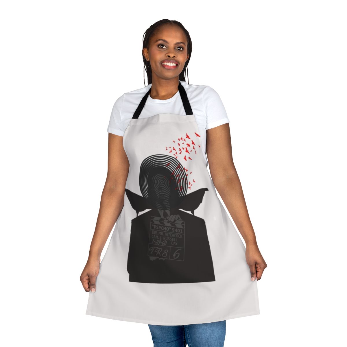 Retro-style apron featuring quotes and imagery inspired by classic Alfred Hitchcock films