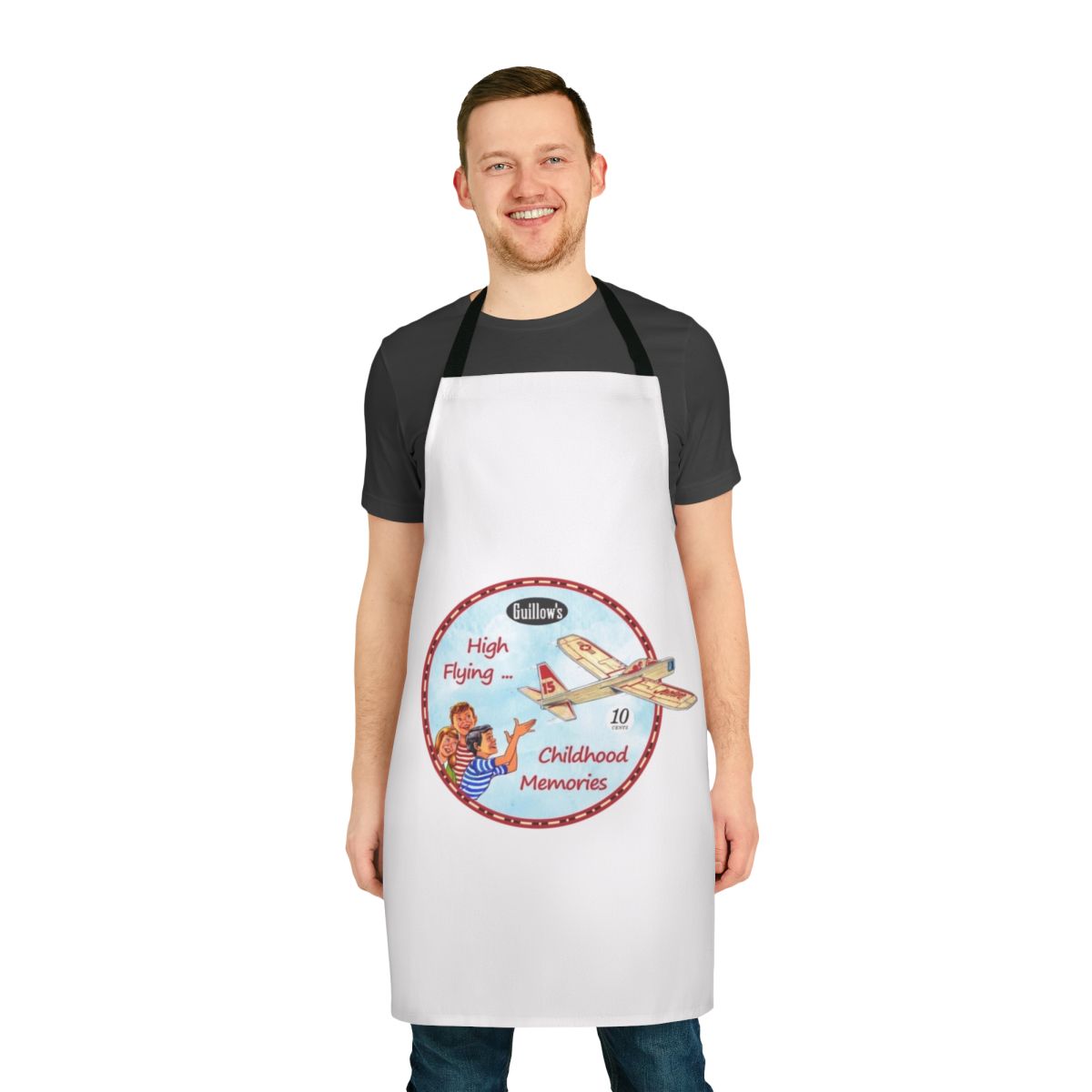 Retro-style apron featuring a balsa wood model airplane design