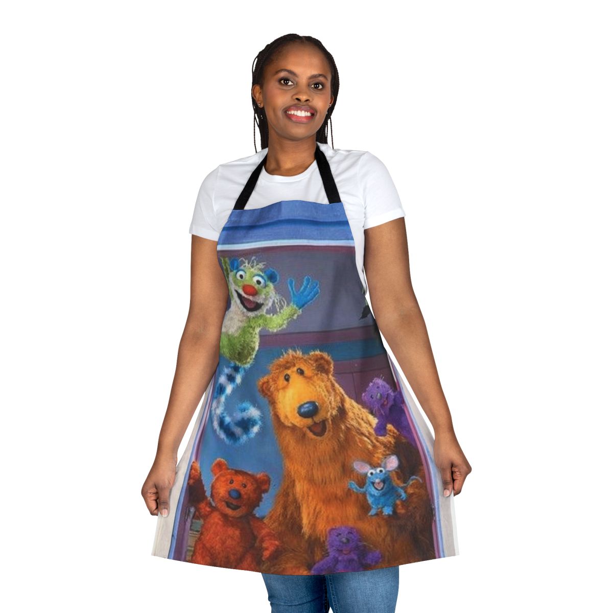 Whimsical retro-style apron featuring the beloved characters from the 90s kids show "Bear in the Big Blue House"