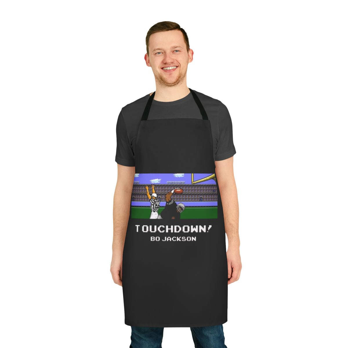 Retro-style apron featuring Bo Jackson touchdown sprite from classic Tecmo Bowl video game