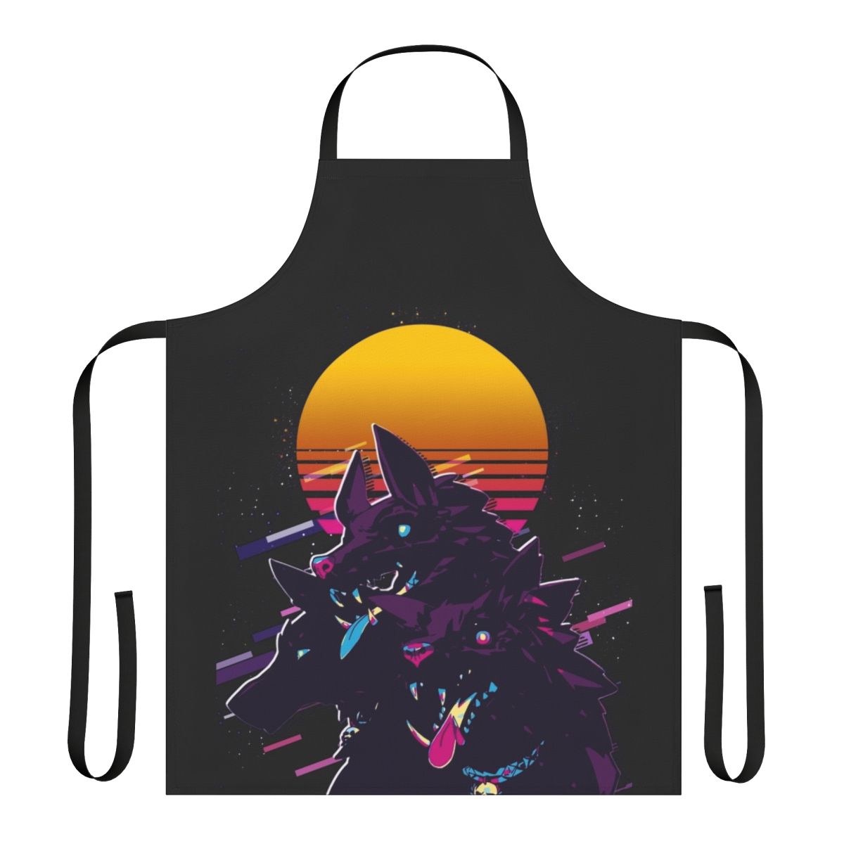 Cerberus, the three-headed hound of Hades, featured in a retro-inspired apron design.