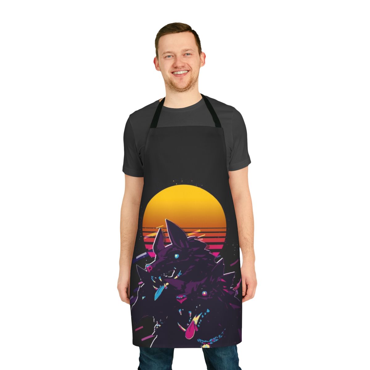 Cerberus, the three-headed hound of Hades, featured in a retro-inspired apron design.