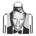Vintage black and white linocut style portrait of actor Dolph Lundgren on an apron