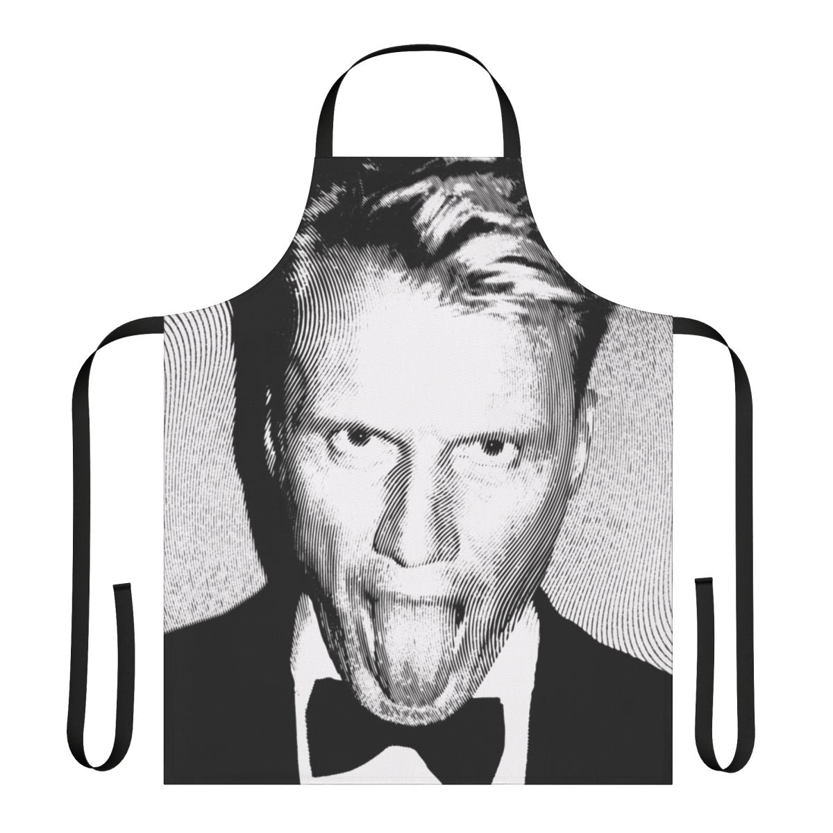 Vintage black and white linocut style portrait of actor Dolph Lundgren on an apron