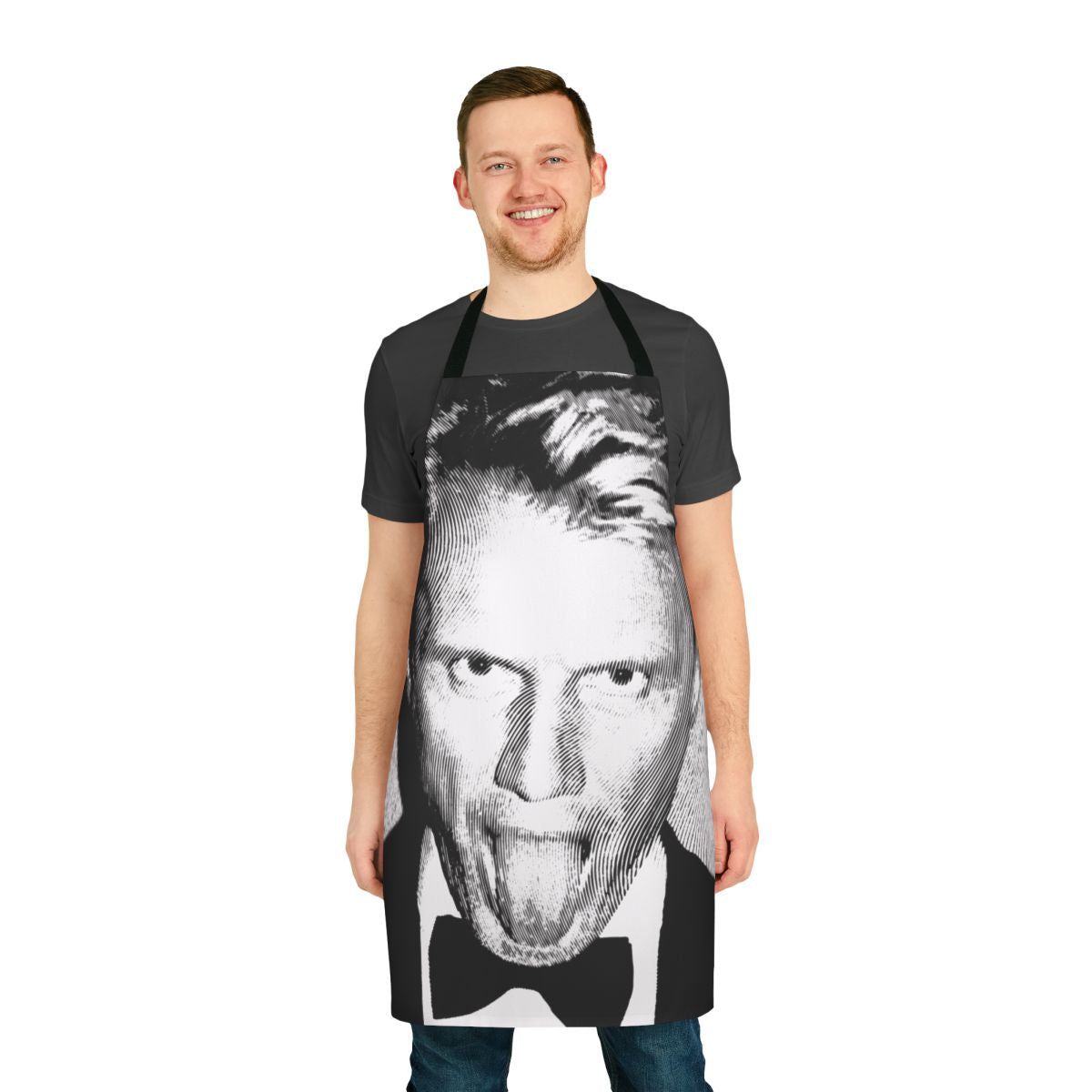 Vintage black and white linocut style portrait of actor Dolph Lundgren on an apron