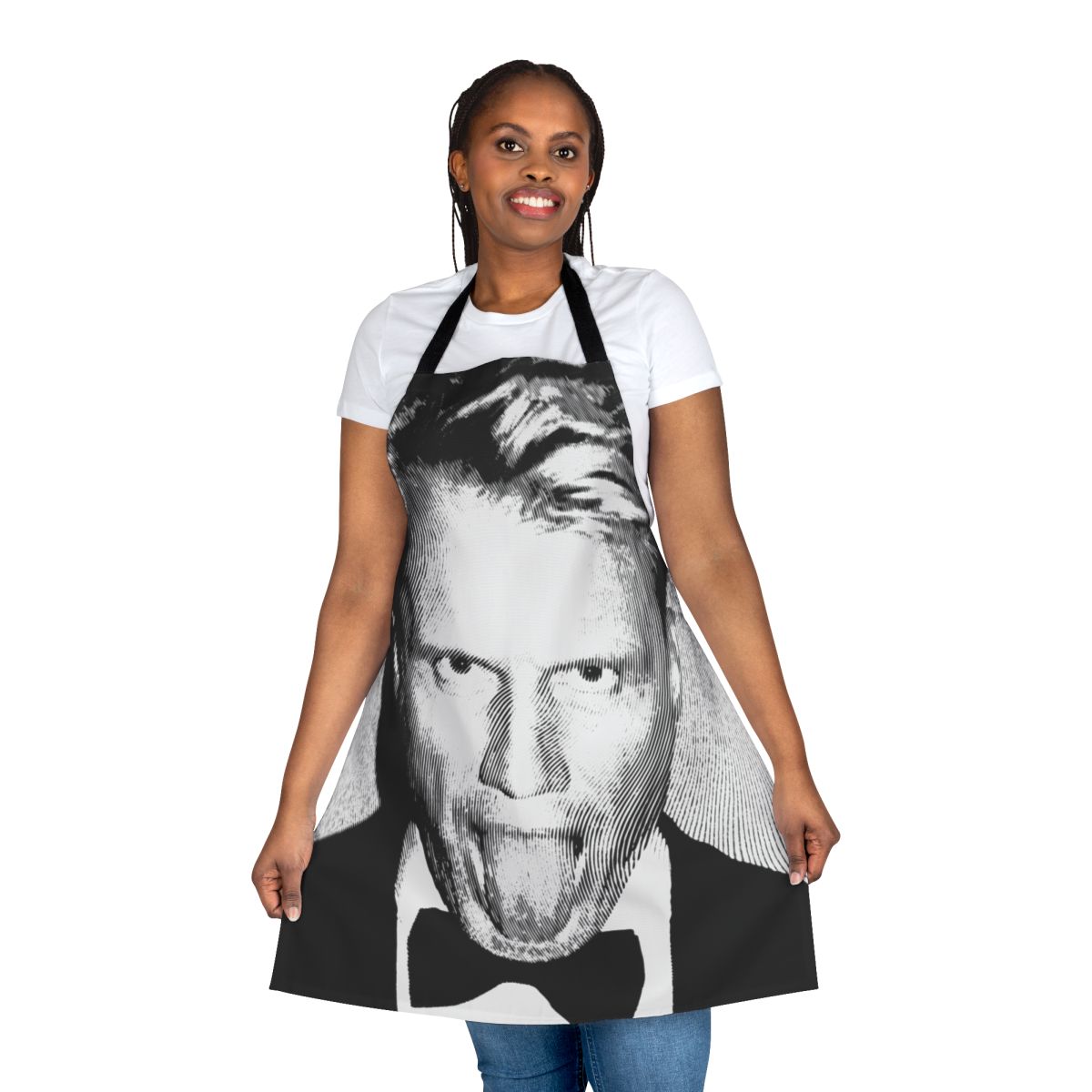 Vintage black and white linocut style portrait of actor Dolph Lundgren on an apron