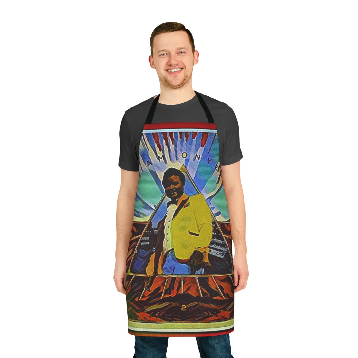 Retro-style apron with 'Explode' text and colorful, vintage-inspired music graphics