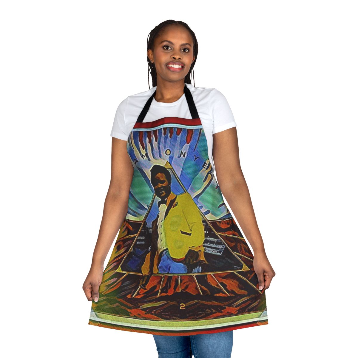 Retro-style apron with 'Explode' text and colorful, vintage-inspired music graphics
