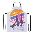 Model wearing a vibrant fantasy-themed apron with Falkor the luckdragon and Atreyu from The NeverEnding Story