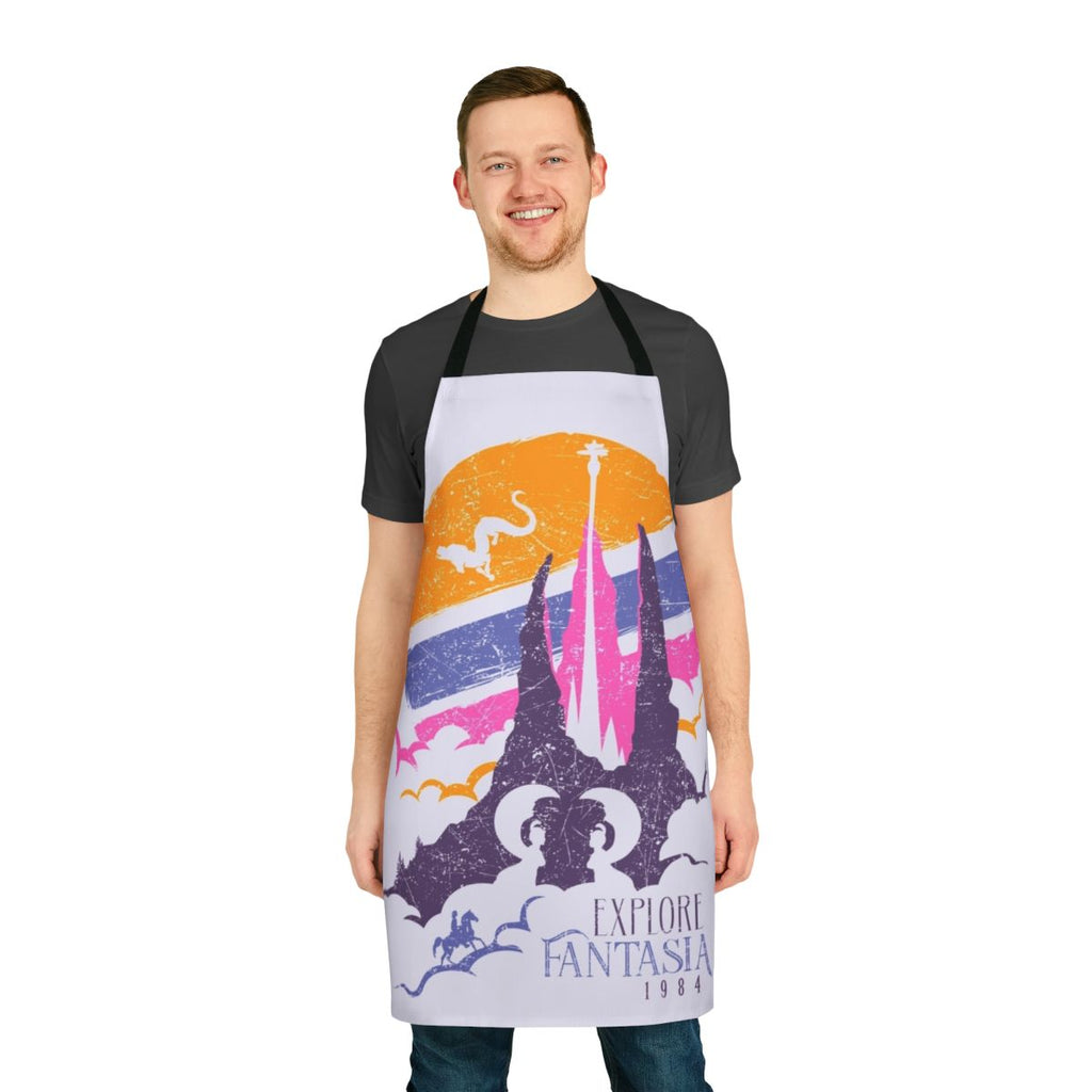 Model wearing a vibrant fantasy-themed apron with Falkor the luckdragon and Atreyu from The NeverEnding Story