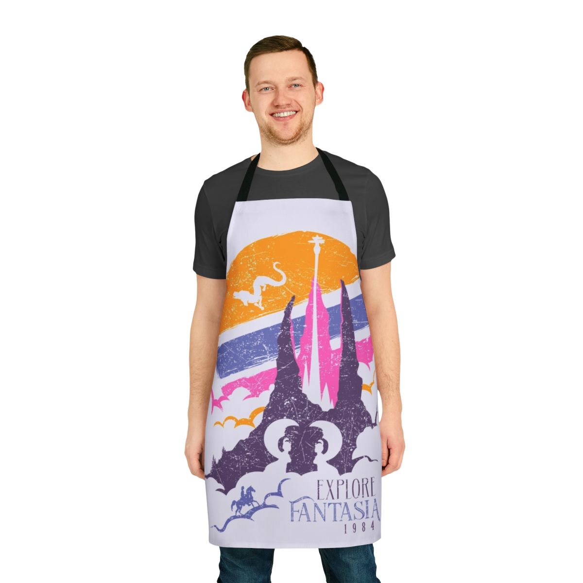 Model wearing a vibrant fantasy-themed apron with Falkor the luckdragon and Atreyu from The NeverEnding Story